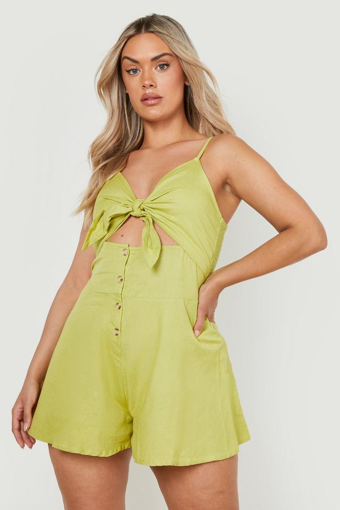 Olive linen tie front romper