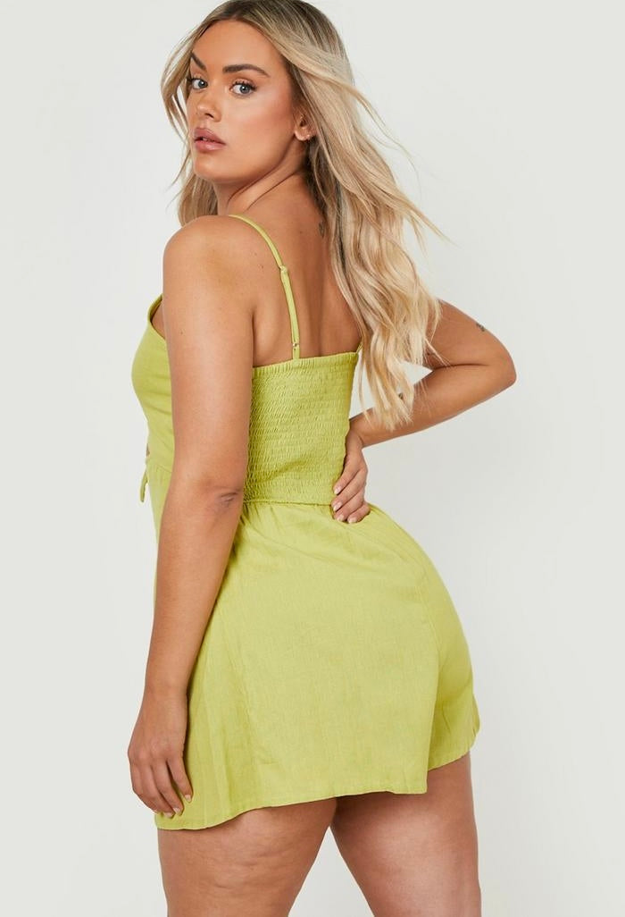 Olive linen tie front romper