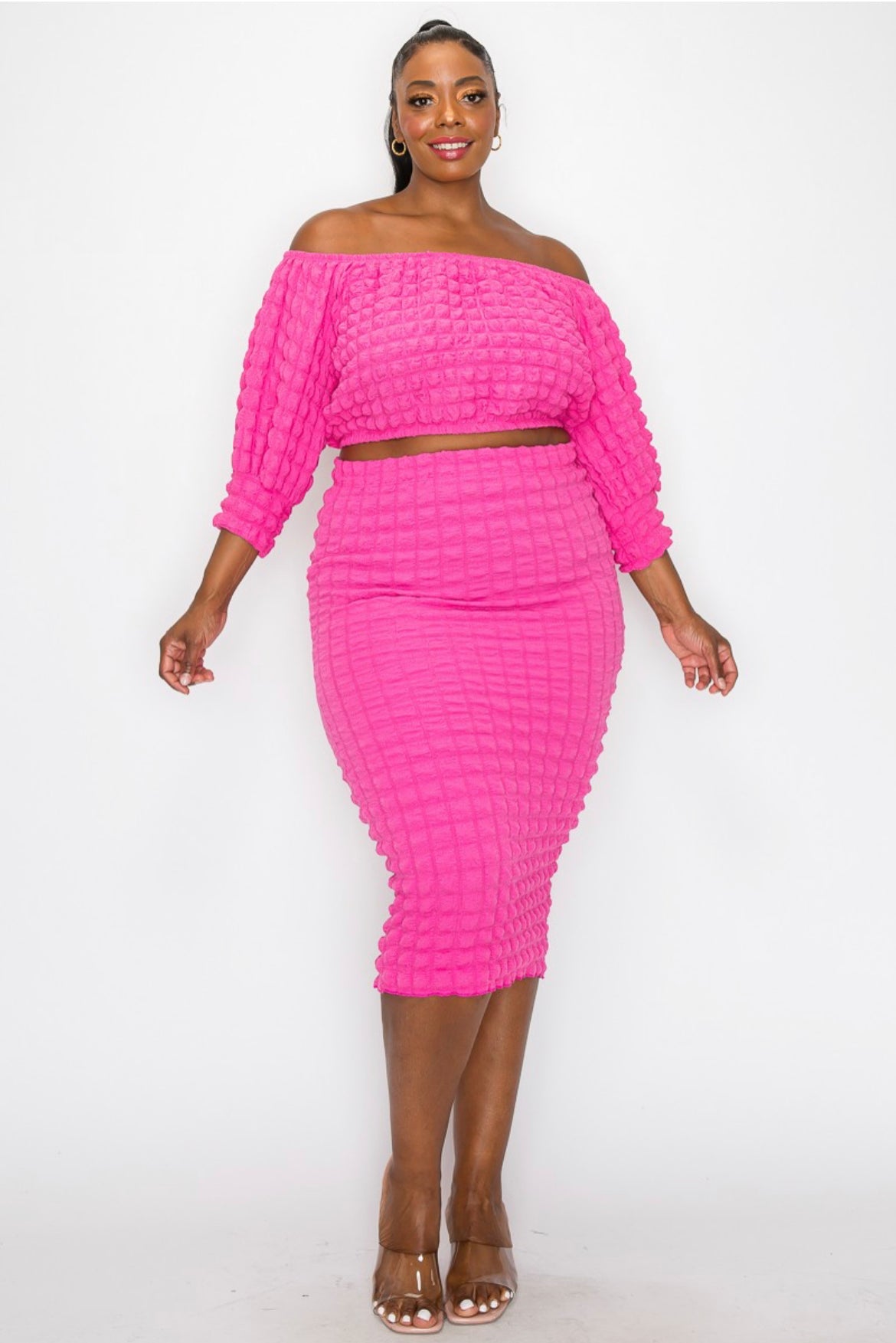 Curvy Pink Alanna Textured Skirt Set