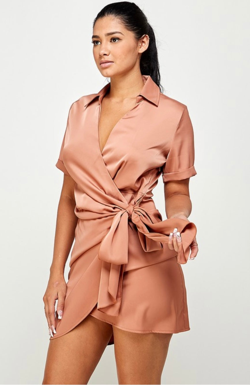 Susie Solid Color Short Sleeve Wrap Side Tie Dress