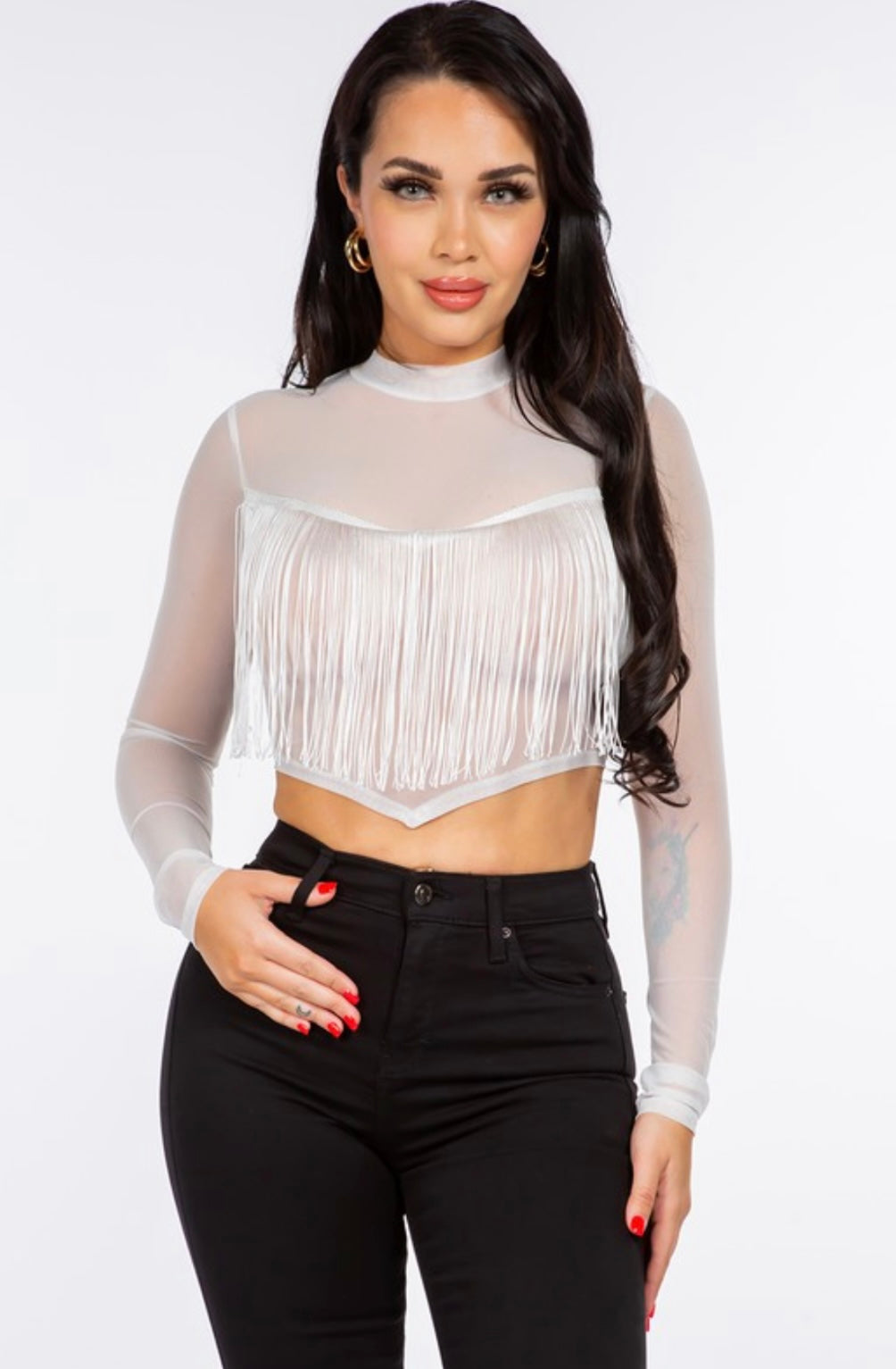 Blanc Mesh Fringe Long-Sleeve Top