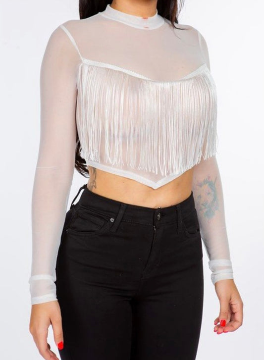 Blanc Mesh Fringe Long-Sleeve Top